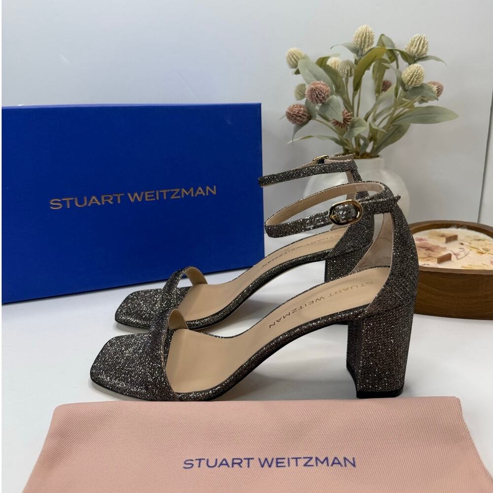 Stuart Weitzman Nudistcurve 75 Block Ankle Strap Sandal New Pyrite Women's 9.5B